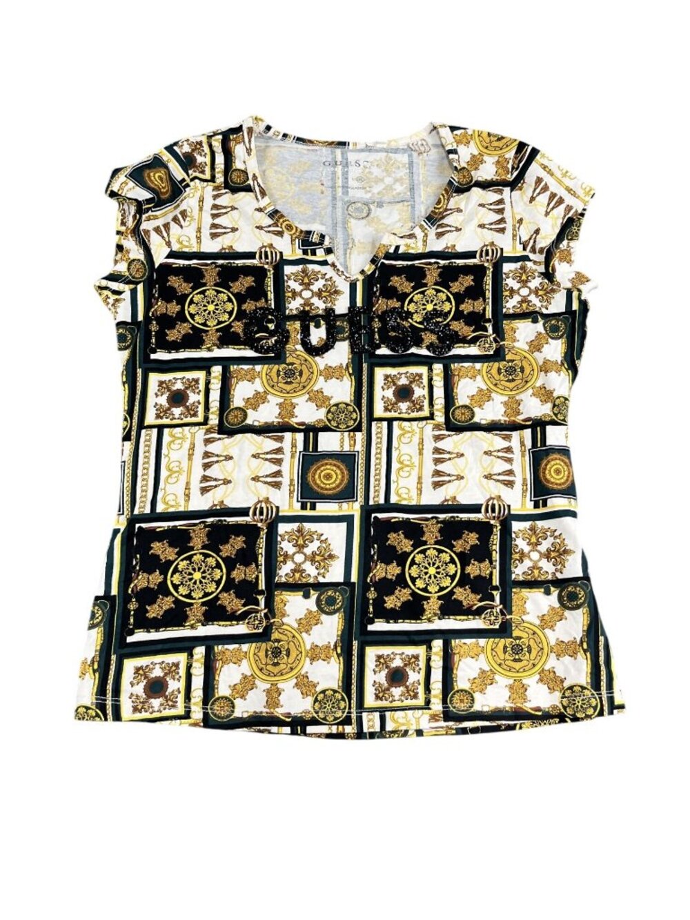 Guess Womens Gold Baroque-Print Short Sleeve Top Black & White Size XL (Jr.)